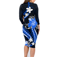 Blue Polynesian Pattern With Tropical Flowers Family Matching Long Sleeve Bodycon Dress and Hawaiian Shirt LT05 - Polynesian Pride