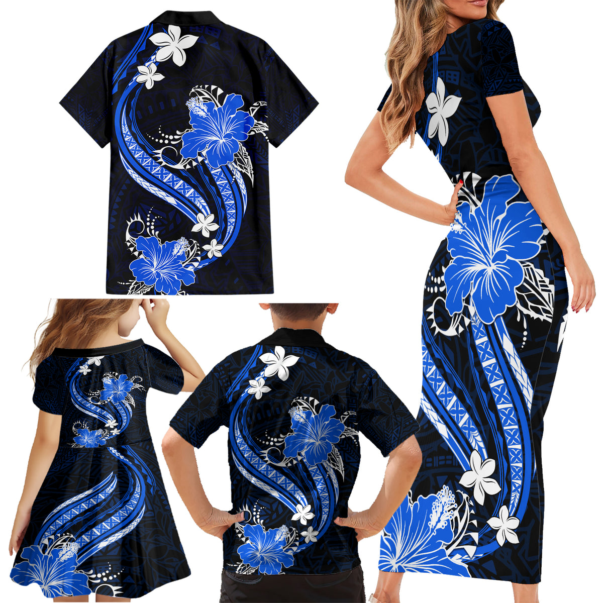 Blue Polynesian Pattern With Tropical Flowers Family Matching Short Sleeve Bodycon Dress and Hawaiian Shirt LT05 - Polynesian Pride