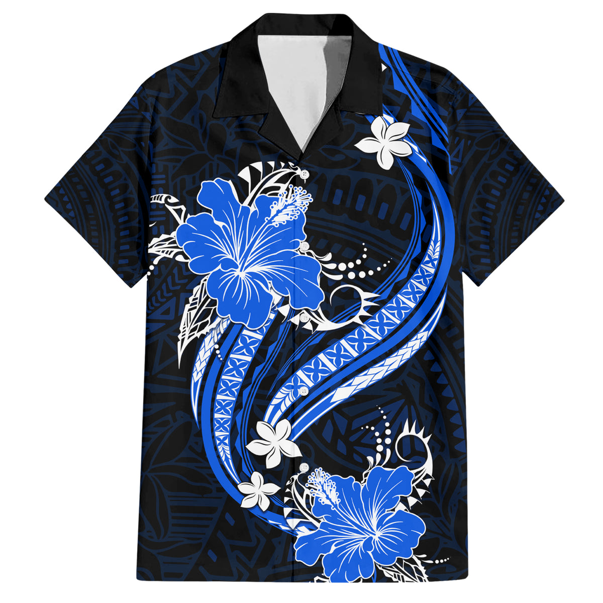 Blue Polynesian Pattern With Tropical Flowers Family Matching Short Sleeve Bodycon Dress and Hawaiian Shirt LT05 Dad's Shirt - Short Sleeve Blue - Polynesian Pride