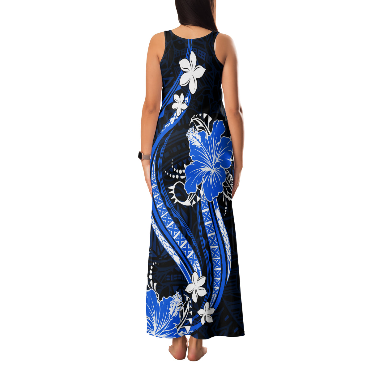 Blue Polynesian Pattern With Tropical Flowers Family Matching Tank Maxi Dress and Hawaiian Shirt LT05 - Polynesian Pride