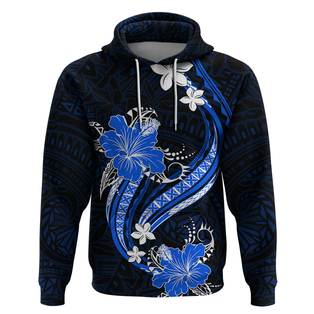 Blue Polynesian Pattern With Tropical Flowers Hoodie LT05 Pullover Hoodie Blue - Polynesian Pride