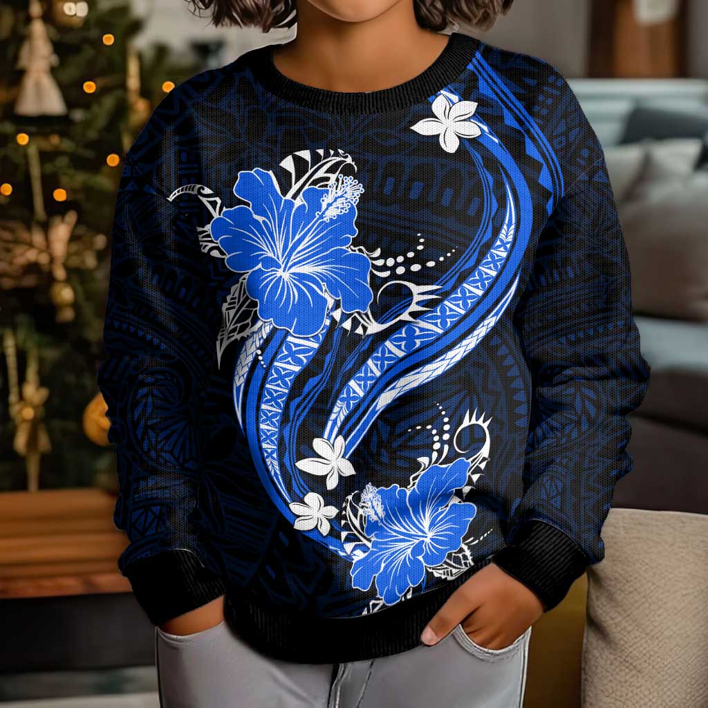 Blue Polynesian Pattern With Tropical Flowers Kid Ugly Christmas Sweater