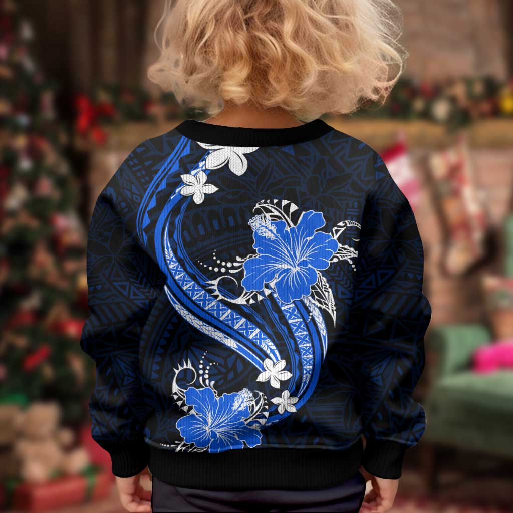 Blue Polynesian Pattern With Tropical Flowers Kid Ugly Christmas Sweater