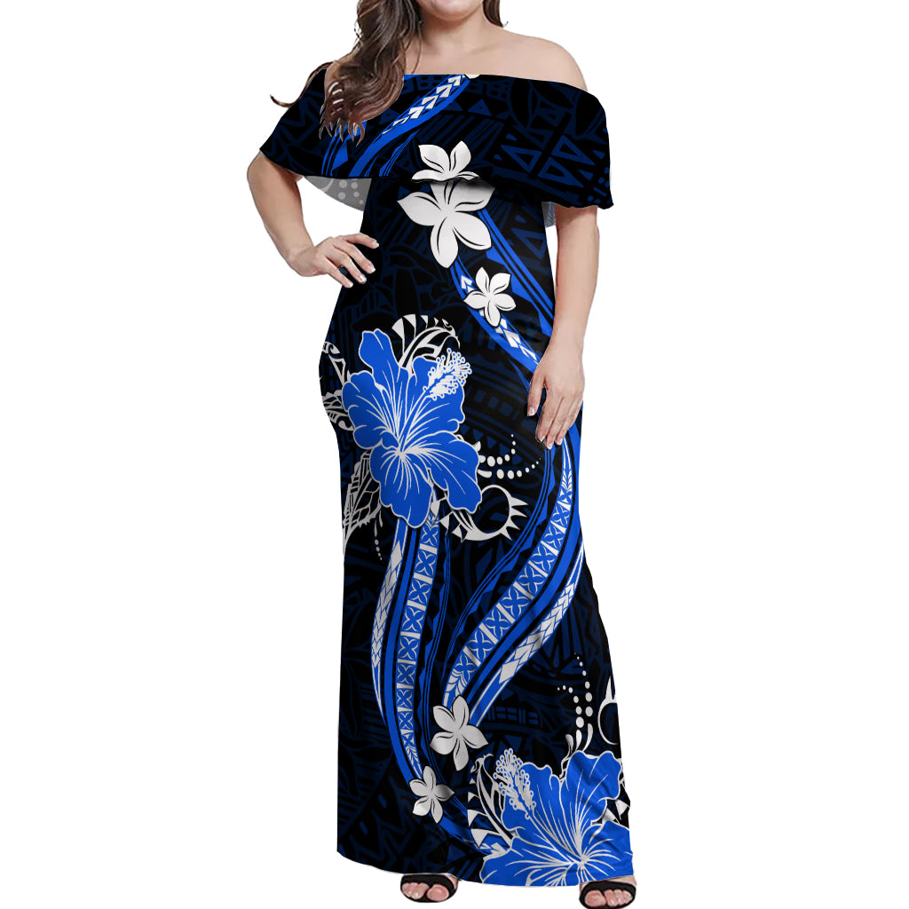 Blue Polynesian Pattern With Tropical Flowers Off Shoulder Maxi Dress LT05 Women Blue - Polynesian Pride