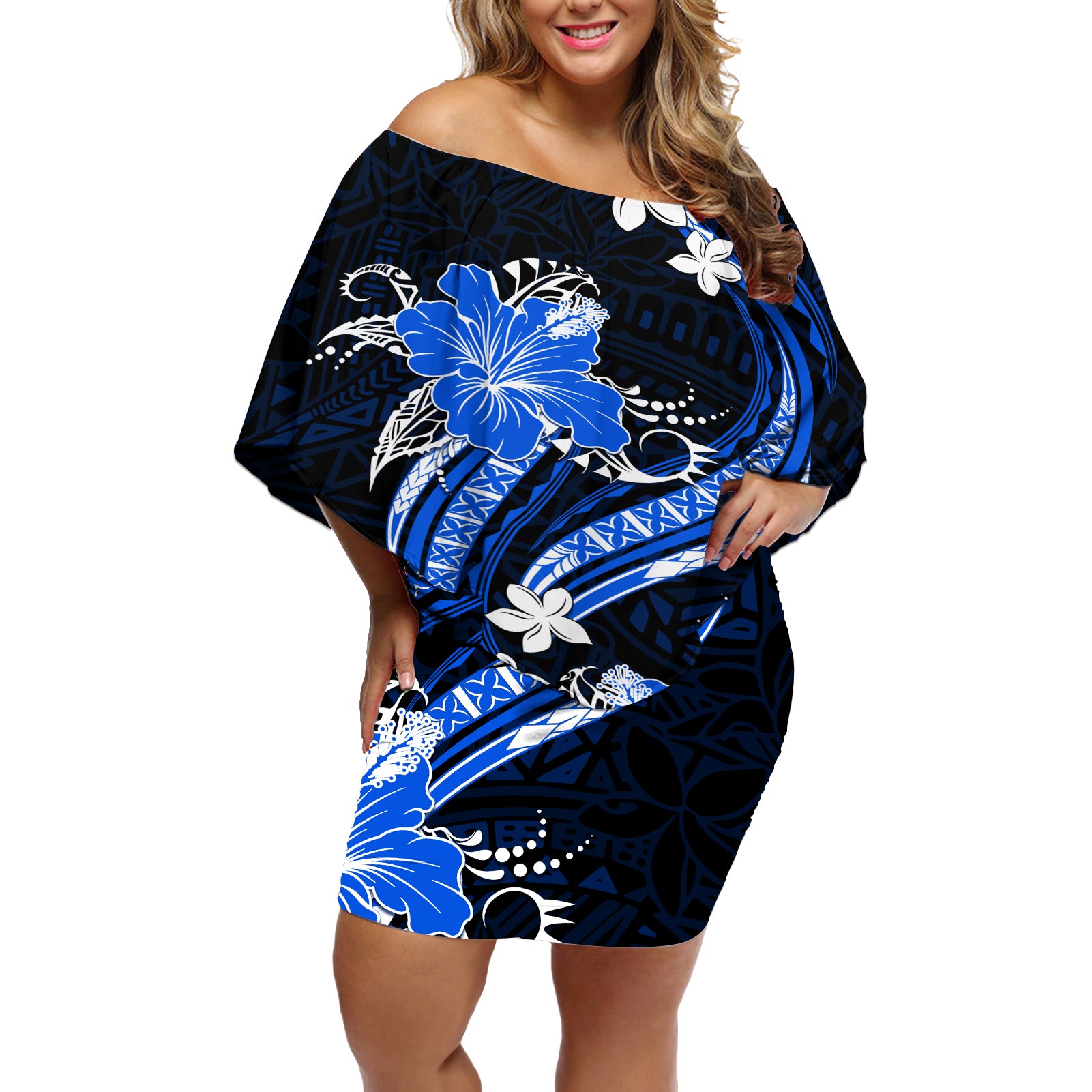 Blue Polynesian Pattern With Tropical Flowers Off Shoulder Short Dress LT05 Women Blue - Polynesian Pride