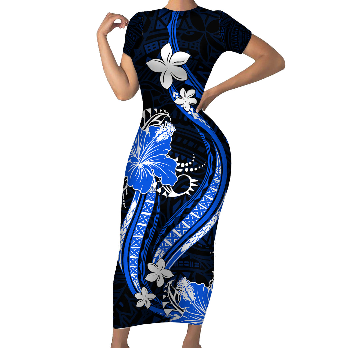 Blue Polynesian Pattern With Tropical Flowers Short Sleeve Bodycon Dress LT05 Long Dress Blue - Polynesian Pride