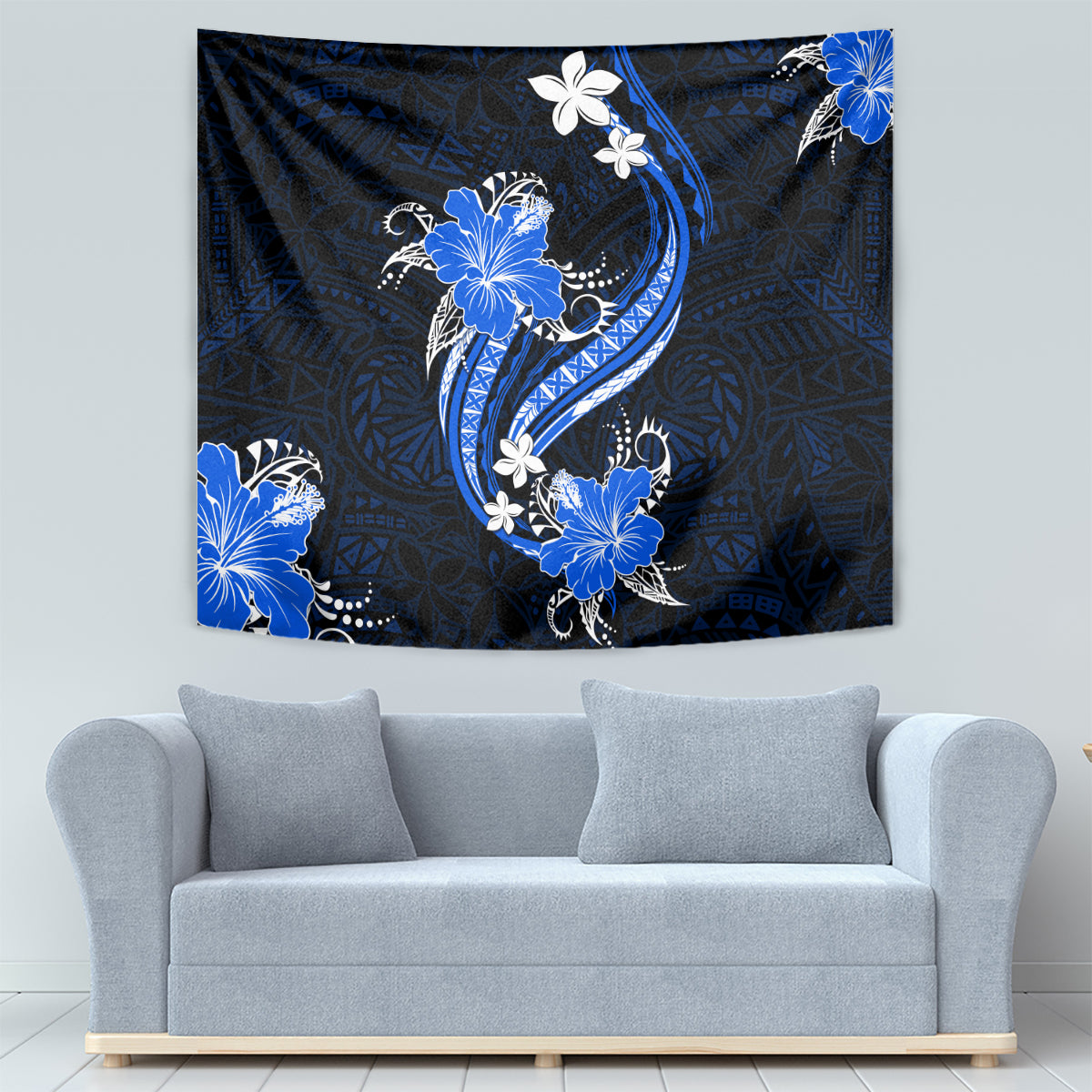 Blue Polynesian Pattern With Tropical Flowers Tapestry LT05 - Polynesian Pride