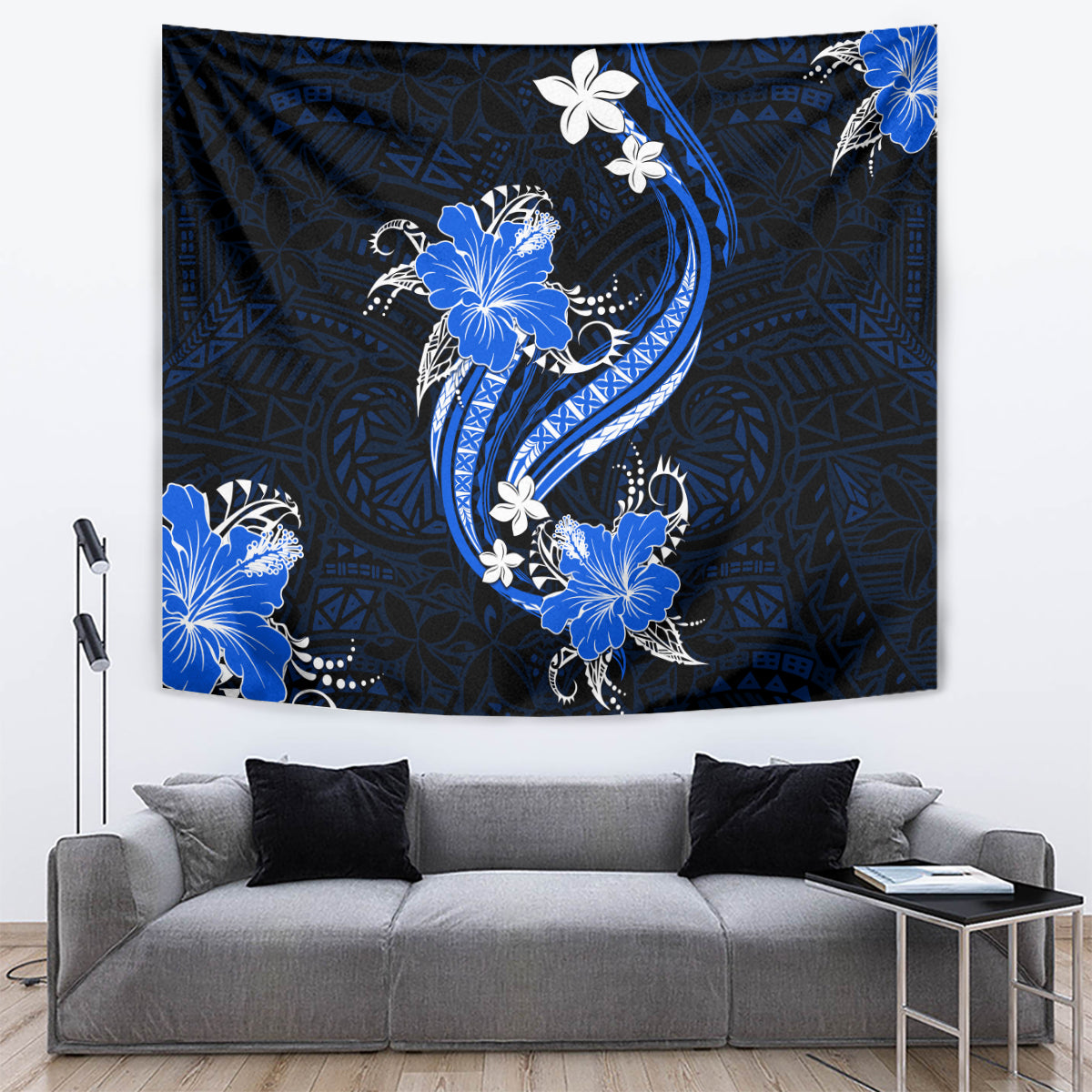 Blue Polynesian Pattern With Tropical Flowers Tapestry LT05 - Polynesian Pride