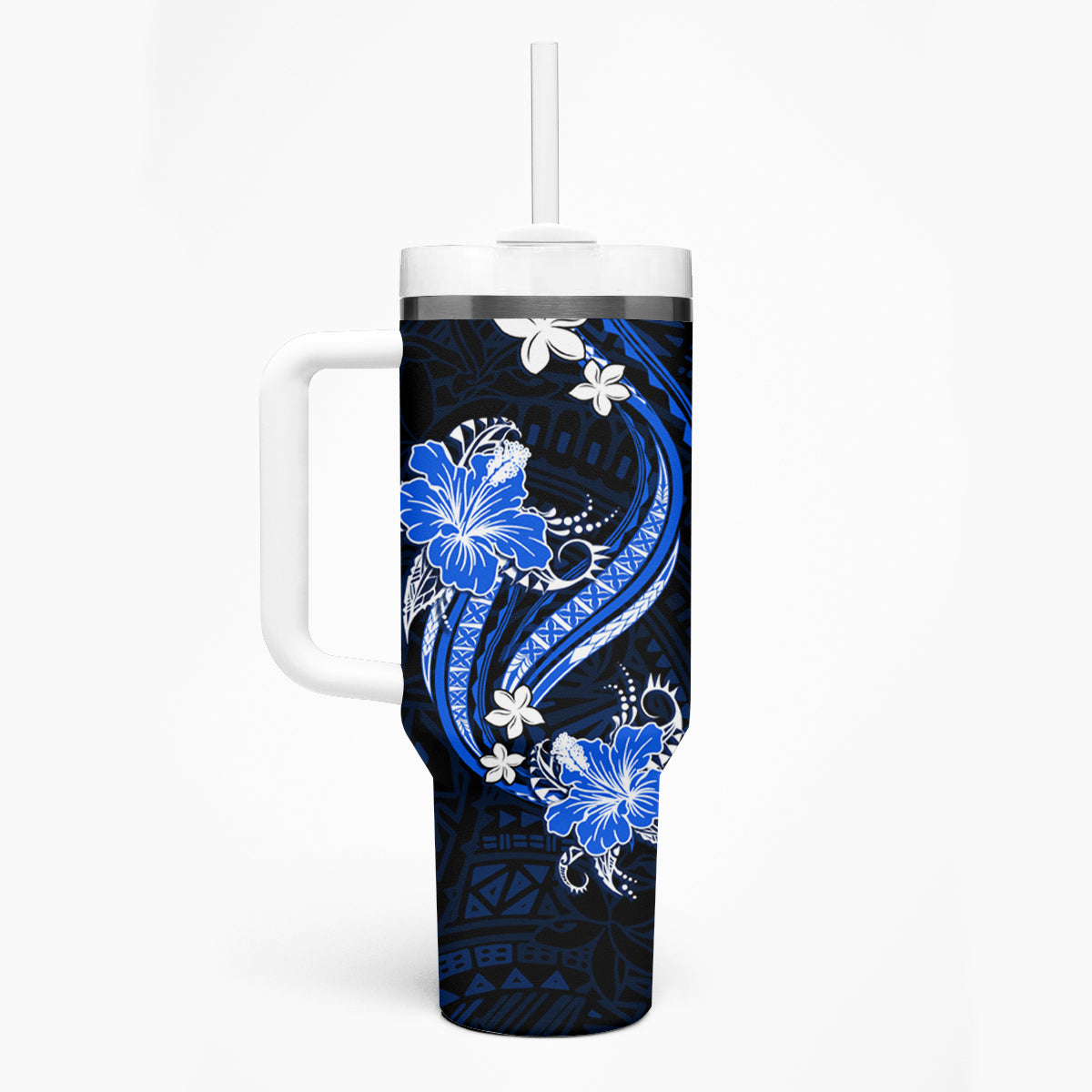 Blue Polynesian Pattern With Tropical Flowers Tumbler With Handle
