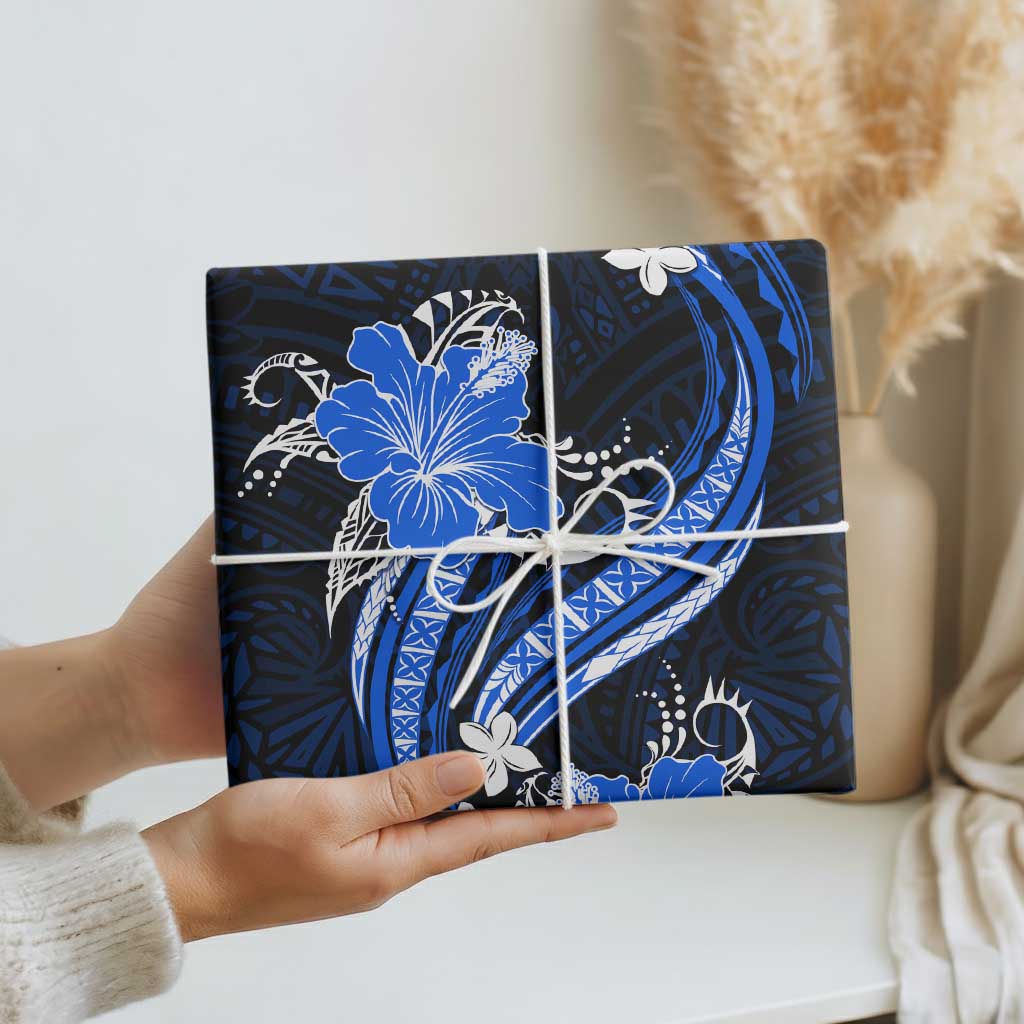 Blue Polynesian Pattern With Tropical Flowers Wrapping Paper - Polynesian Pride