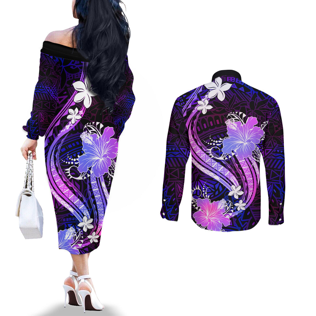 Galaxy Polynesian Pattern With Tropical Flowers Couples Matching Off The Shoulder Long Sleeve Dress and Long Sleeve Button Shirt LT05 - Polynesian Pride