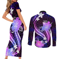 Galaxy Polynesian Pattern With Tropical Flowers Couples Matching Short Sleeve Bodycon Dress and Long Sleeve Button Shirt LT05 - Polynesian Pride