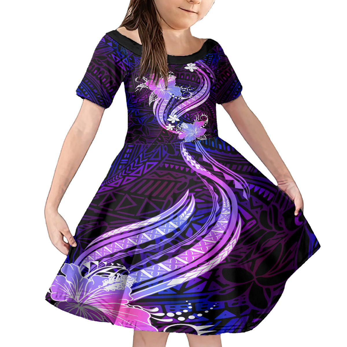 Galaxy Polynesian Pattern With Tropical Flowers Family Matching Long Sleeve Bodycon Dress and Hawaiian Shirt LT05 Daughter's Dress Galaxy - Polynesian Pride
