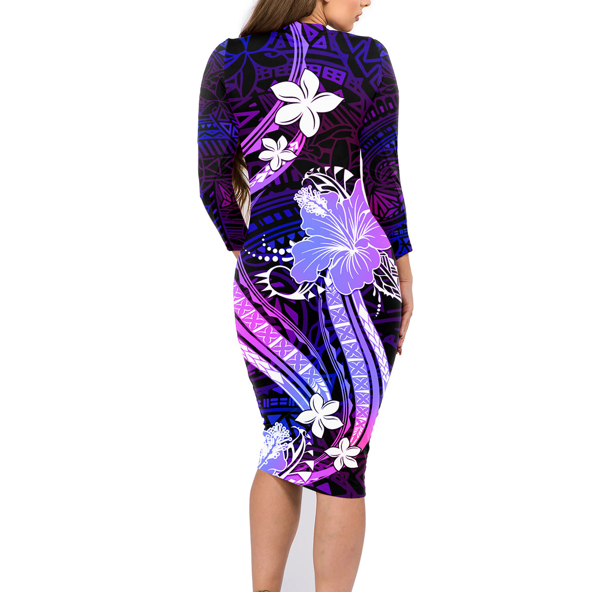 Galaxy Polynesian Pattern With Tropical Flowers Family Matching Long Sleeve Bodycon Dress and Hawaiian Shirt LT05 - Polynesian Pride
