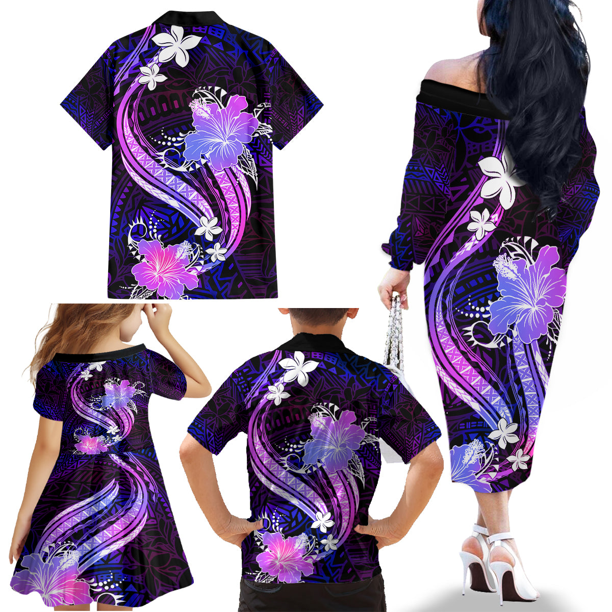 Galaxy Polynesian Pattern With Tropical Flowers Family Matching Off Shoulder Long Sleeve Dress and Hawaiian Shirt LT05 - Polynesian Pride