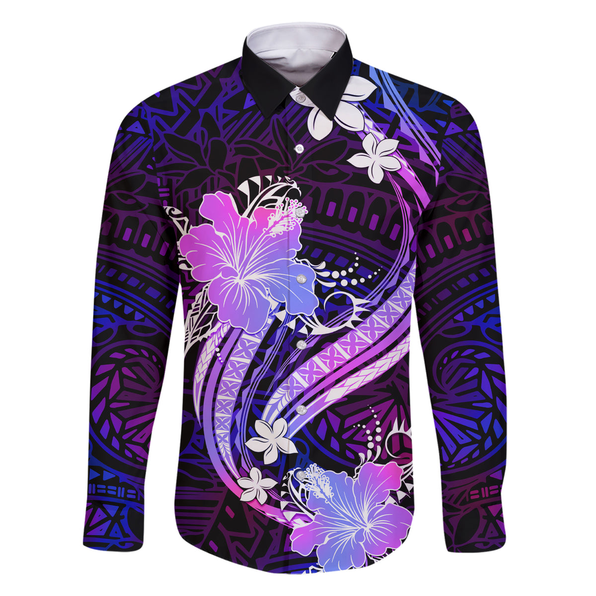 Galaxy Polynesian Pattern With Tropical Flowers Family Matching Short Sleeve Bodycon Dress and Hawaiian Shirt LT05 Dad's Shirt - Long Sleeve Galaxy - Polynesian Pride