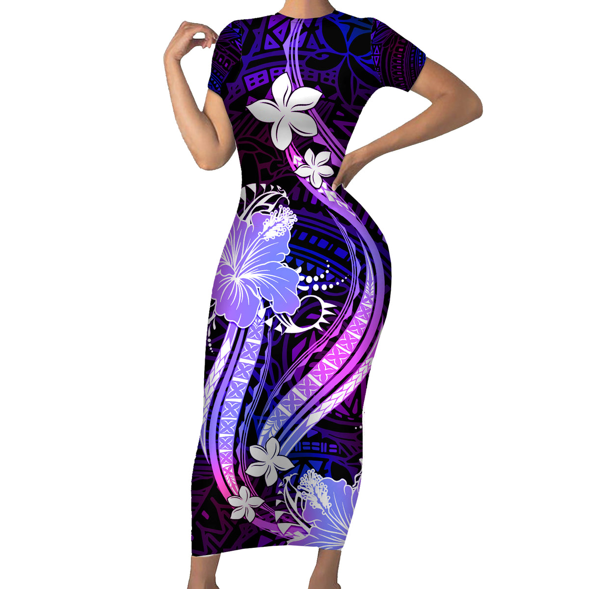Galaxy Polynesian Pattern With Tropical Flowers Family Matching Short Sleeve Bodycon Dress and Hawaiian Shirt LT05 Mom's Dress Galaxy - Polynesian Pride