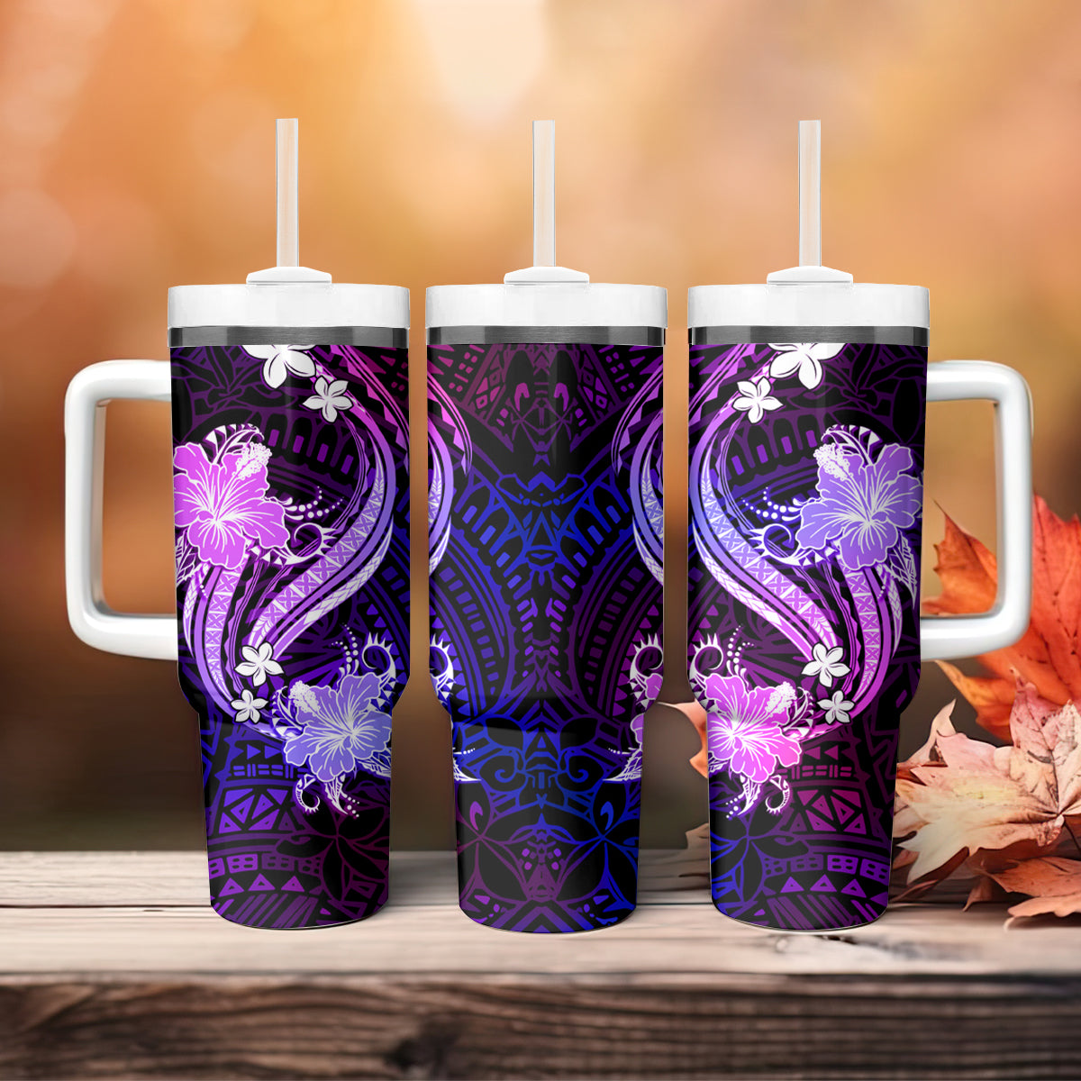 Galaxy Polynesian Pattern With Tropical Flowers Tumbler With Handle