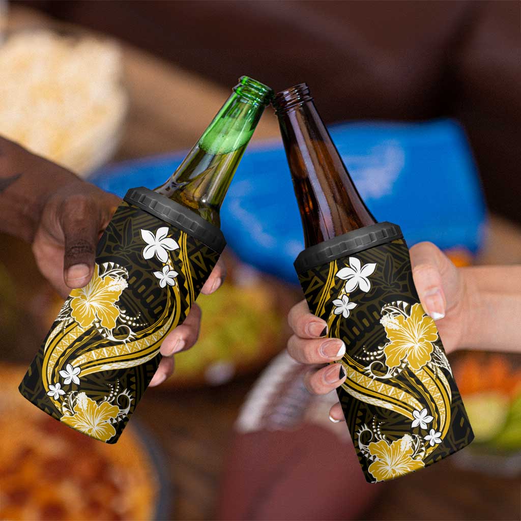 Gold Polynesian Pattern With Tropical Flowers 4 in 1 Can Cooler Tumbler