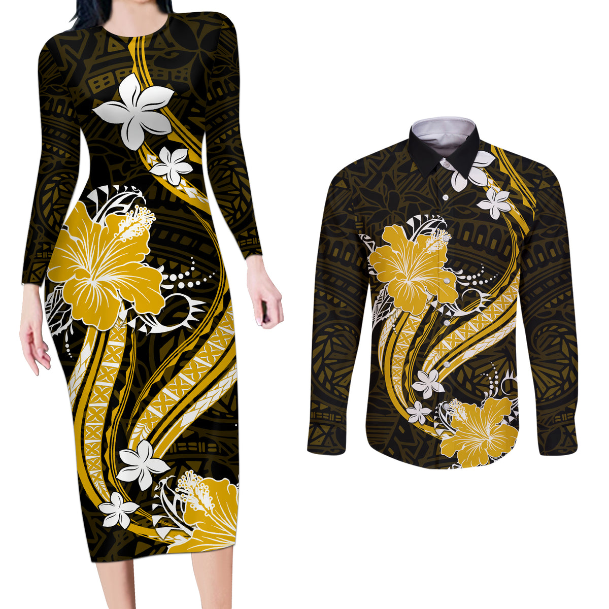 Gold Polynesian Pattern With Tropical Flowers Couples Matching Long Sleeve Bodycon Dress and Long Sleeve Button Shirt LT05 Gold - Polynesian Pride