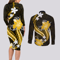 Gold Polynesian Pattern With Tropical Flowers Couples Matching Long Sleeve Bodycon Dress and Long Sleeve Button Shirt LT05 - Polynesian Pride