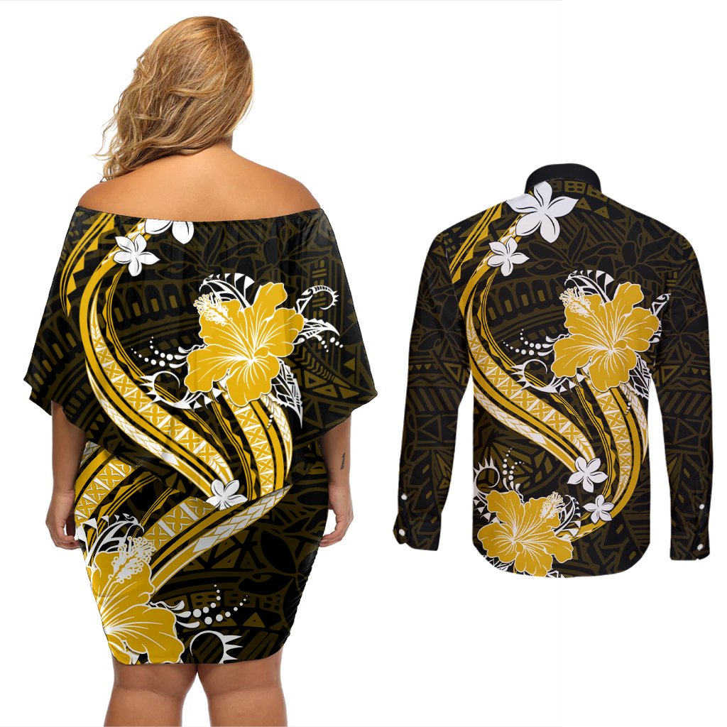 Gold Polynesian Pattern With Tropical Flowers Couples Matching Off Shoulder Short Dress and Long Sleeve Button Shirt LT05 - Polynesian Pride