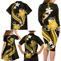 Gold Polynesian Pattern With Tropical Flowers Family Matching Long Sleeve Bodycon Dress and Hawaiian Shirt LT05 - Polynesian Pride