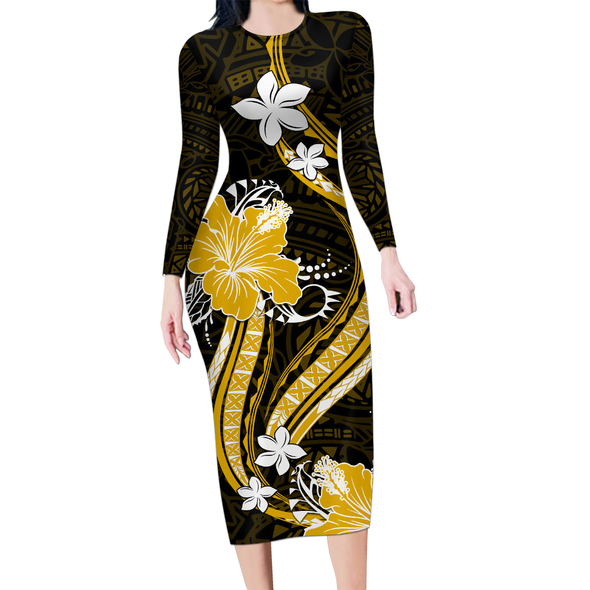 Gold Polynesian Pattern With Tropical Flowers Family Matching Long Sleeve Bodycon Dress and Hawaiian Shirt LT05 Mom's Dress Gold - Polynesian Pride