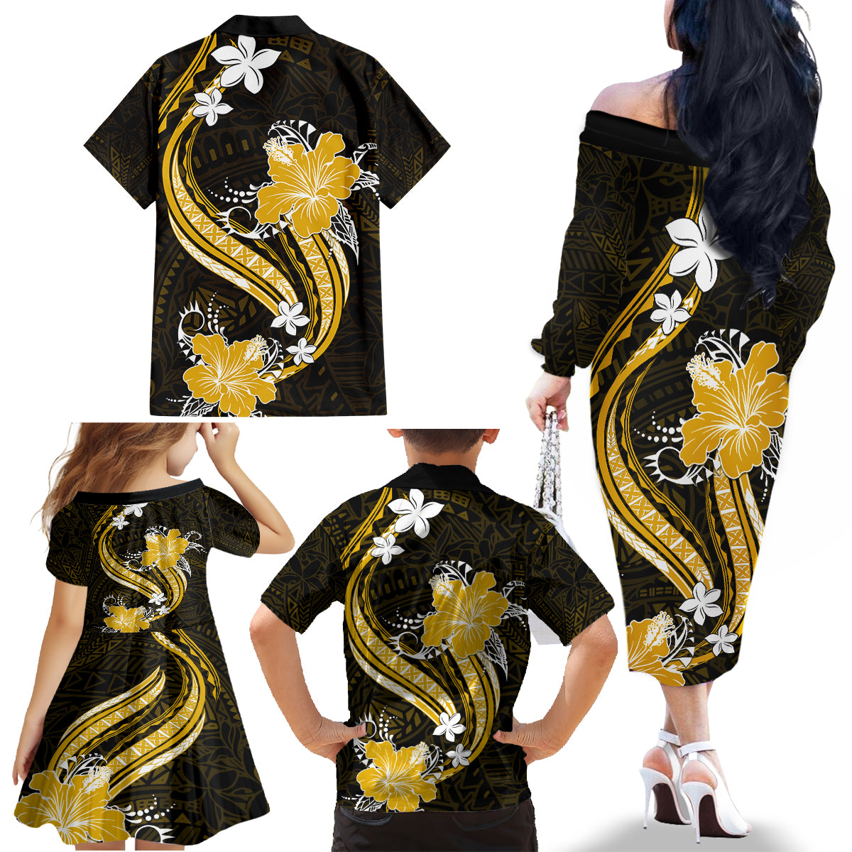 Gold Polynesian Pattern With Tropical Flowers Family Matching Off Shoulder Long Sleeve Dress and Hawaiian Shirt LT05 - Polynesian Pride