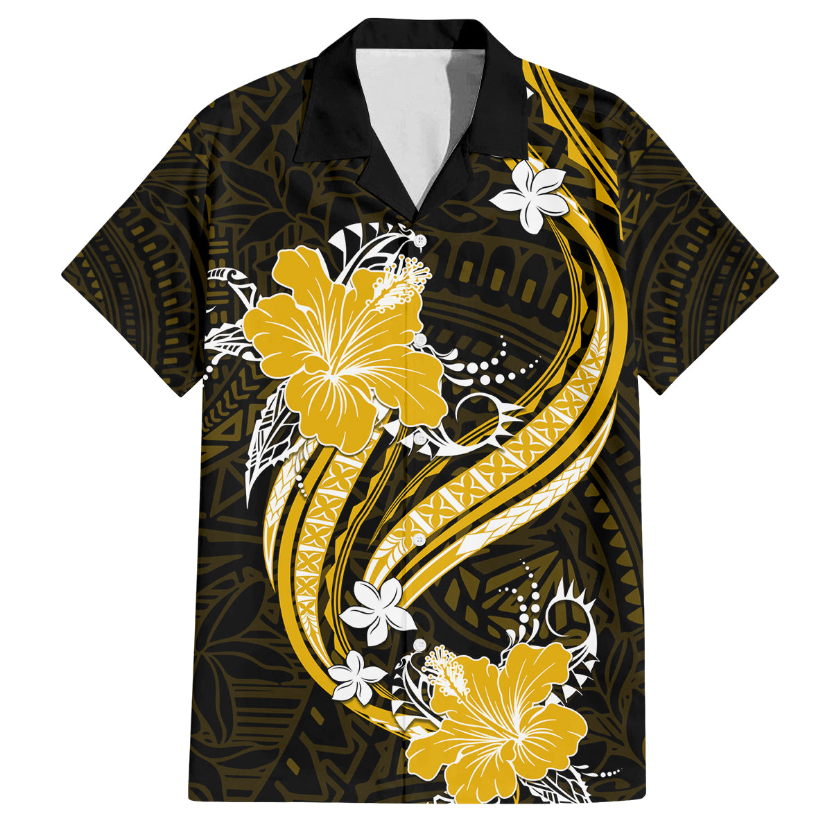 Gold Polynesian Pattern With Tropical Flowers Family Matching Off Shoulder Long Sleeve Dress and Hawaiian Shirt LT05 Dad's Shirt - Short Sleeve Gold - Polynesian Pride