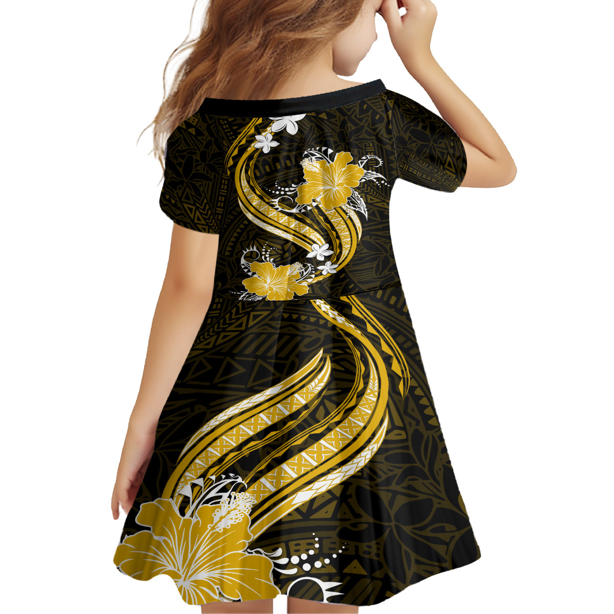 Gold Polynesian Pattern With Tropical Flowers Family Matching Off Shoulder Maxi Dress and Hawaiian Shirt LT05 - Polynesian Pride