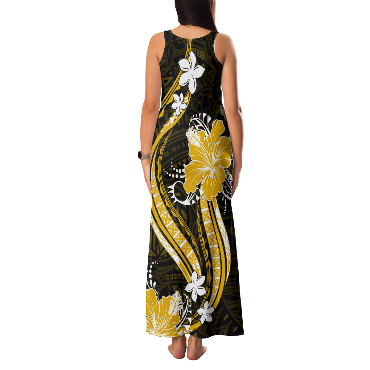 Gold Polynesian Pattern With Tropical Flowers Family Matching Tank Maxi Dress and Hawaiian Shirt LT05 - Polynesian Pride