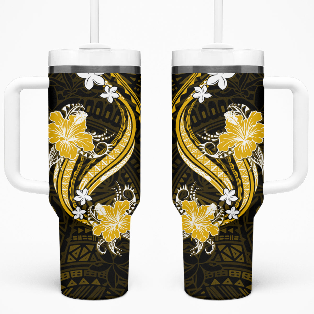 Gold Polynesian Pattern With Tropical Flowers Tumbler With Handle