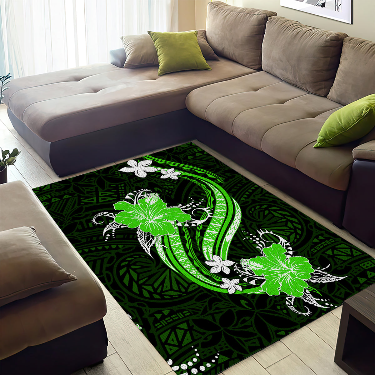 Green Polynesian Pattern With Tropical Flowers Area Rug LT05 - Polynesian Pride