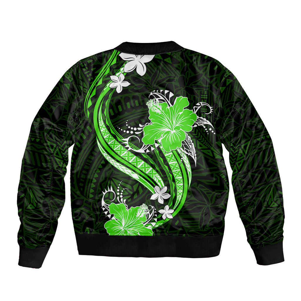 Green Polynesian Pattern With Tropical Flowers Bomber Jacket LT05 - Polynesian Pride