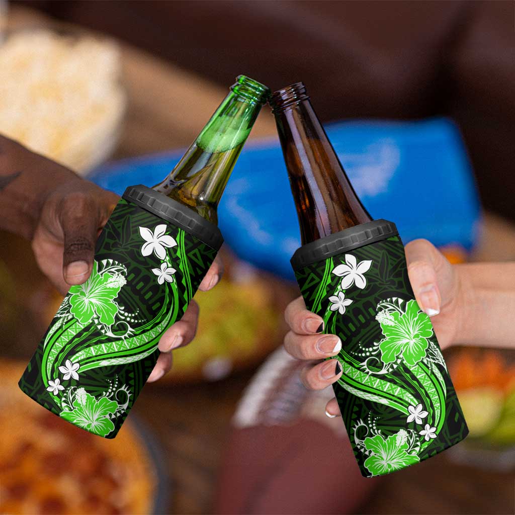 Green Polynesian Pattern With Tropical Flowers 4 in 1 Can Cooler Tumbler