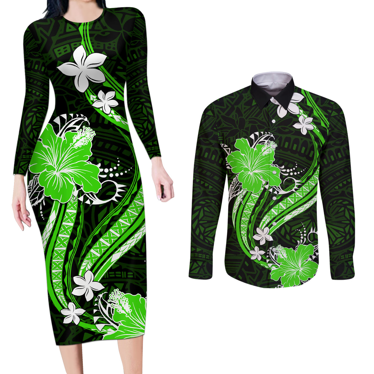 Green Polynesian Pattern With Tropical Flowers Couples Matching Long Sleeve Bodycon Dress and Long Sleeve Button Shirt LT05 Green - Polynesian Pride