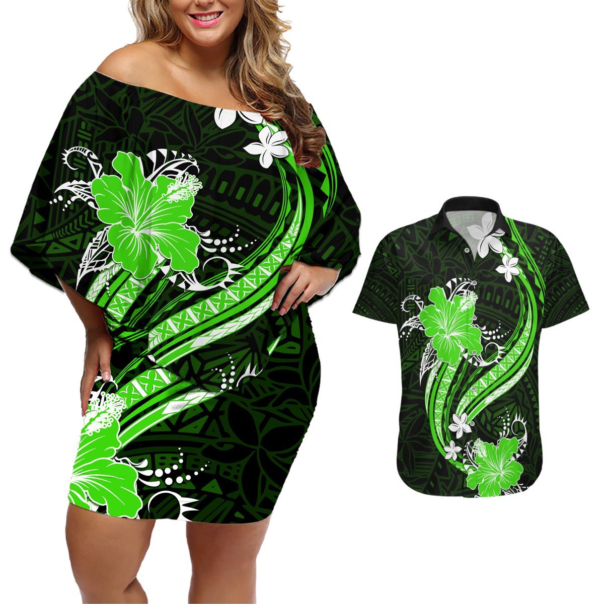 Green Polynesian Pattern With Tropical Flowers Couples Matching Off Shoulder Short Dress and Hawaiian Shirt LT05 Green - Polynesian Pride