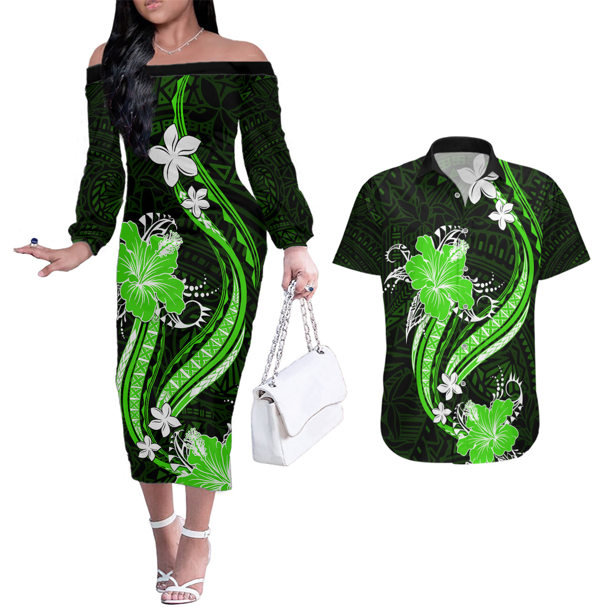 Green Polynesian Pattern With Tropical Flowers Couples Matching Off The Shoulder Long Sleeve Dress and Hawaiian Shirt LT05 Green - Polynesian Pride