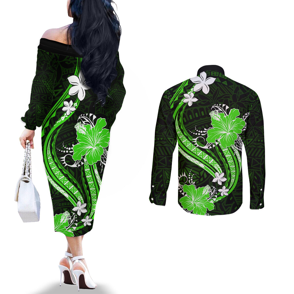 Green Polynesian Pattern With Tropical Flowers Couples Matching Off The Shoulder Long Sleeve Dress and Long Sleeve Button Shirt LT05 - Polynesian Pride