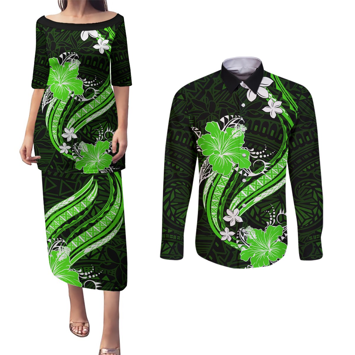 Green Polynesian Pattern With Tropical Flowers Couples Matching Puletasi Dress and Long Sleeve Button Shirt LT05 Green - Polynesian Pride