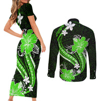 Green Polynesian Pattern With Tropical Flowers Couples Matching Short Sleeve Bodycon Dress and Long Sleeve Button Shirt LT05 - Polynesian Pride