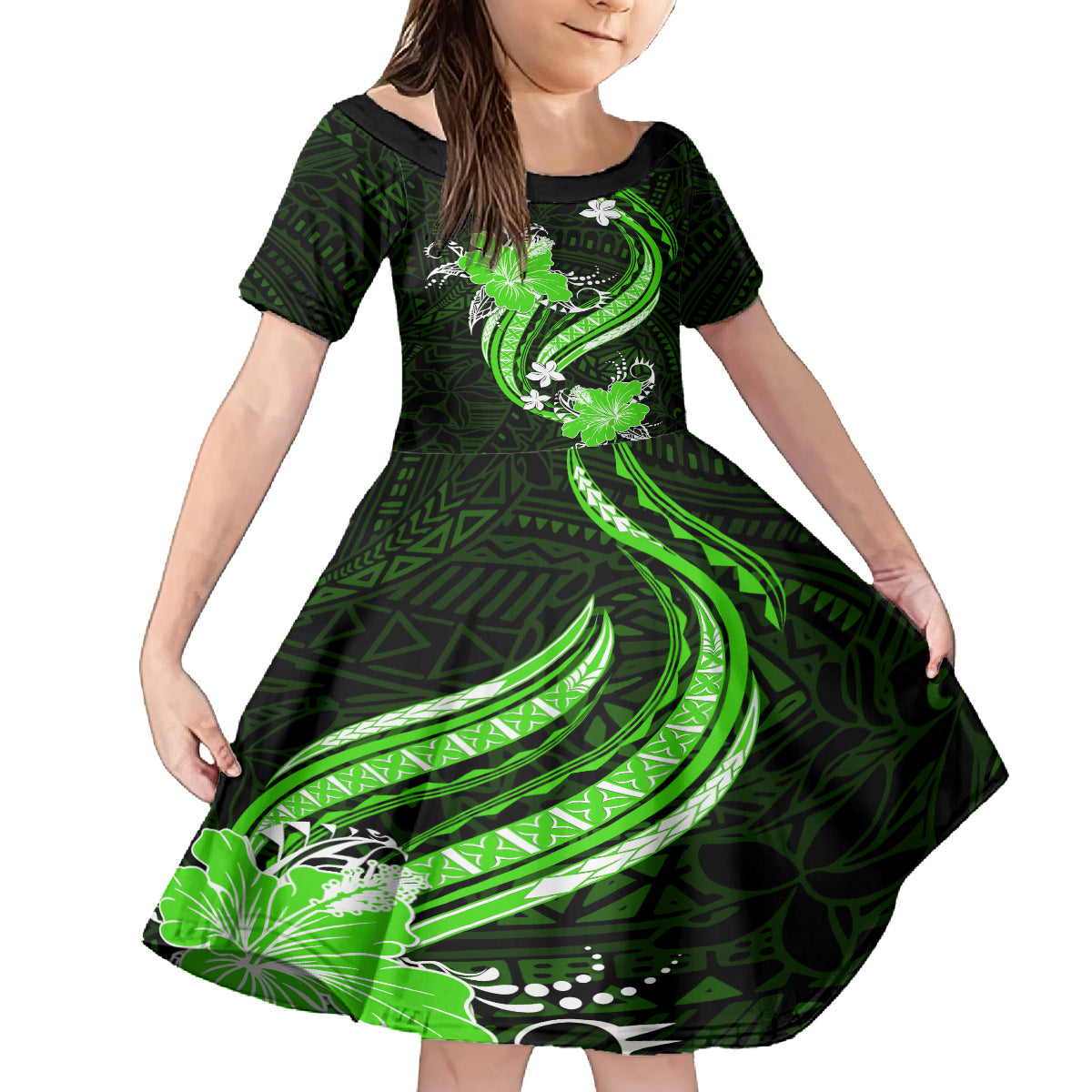 Green Polynesian Pattern With Tropical Flowers Family Matching Long Sleeve Bodycon Dress and Hawaiian Shirt LT05 Daughter's Dress Green - Polynesian Pride