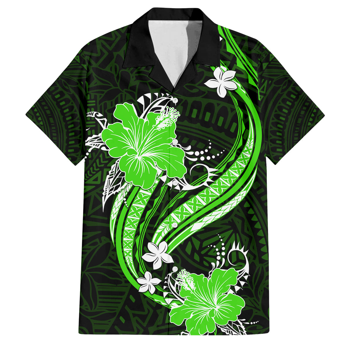 Green Polynesian Pattern With Tropical Flowers Family Matching Long Sleeve Bodycon Dress and Hawaiian Shirt LT05 Dad's Shirt - Short Sleeve Green - Polynesian Pride