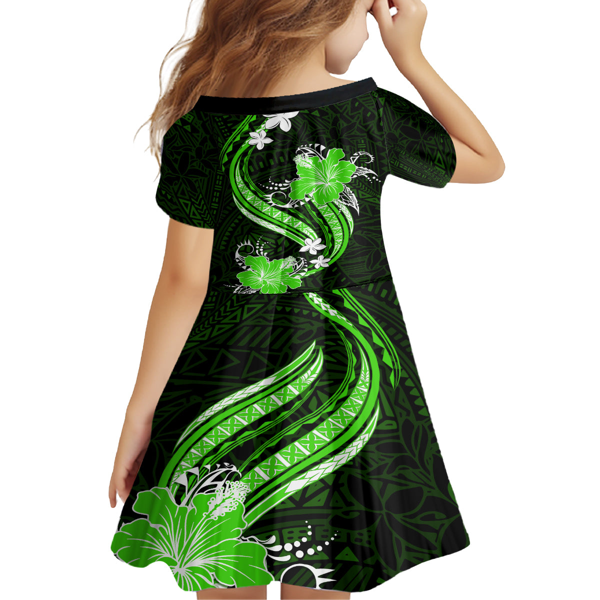 Green Polynesian Pattern With Tropical Flowers Family Matching Off Shoulder Long Sleeve Dress and Hawaiian Shirt LT05 - Polynesian Pride