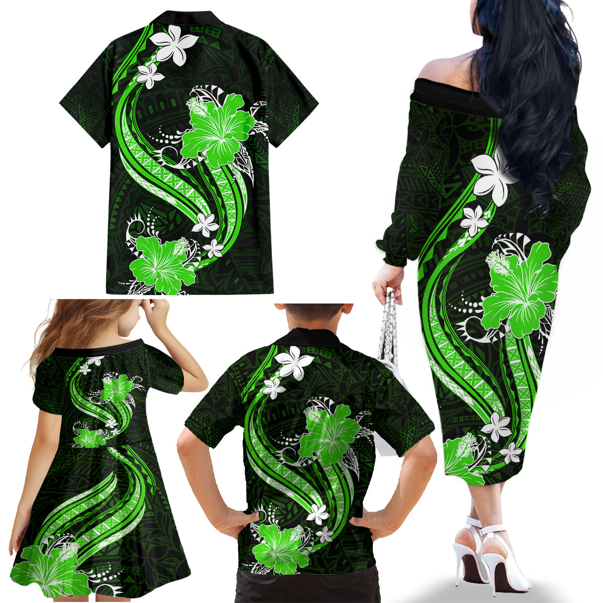 Green Polynesian Pattern With Tropical Flowers Family Matching Off Shoulder Long Sleeve Dress and Hawaiian Shirt LT05 - Polynesian Pride
