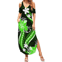 Green Polynesian Pattern With Tropical Flowers Family Matching Summer Maxi Dress and Hawaiian Shirt LT05 Mom's Dress Green - Polynesian Pride
