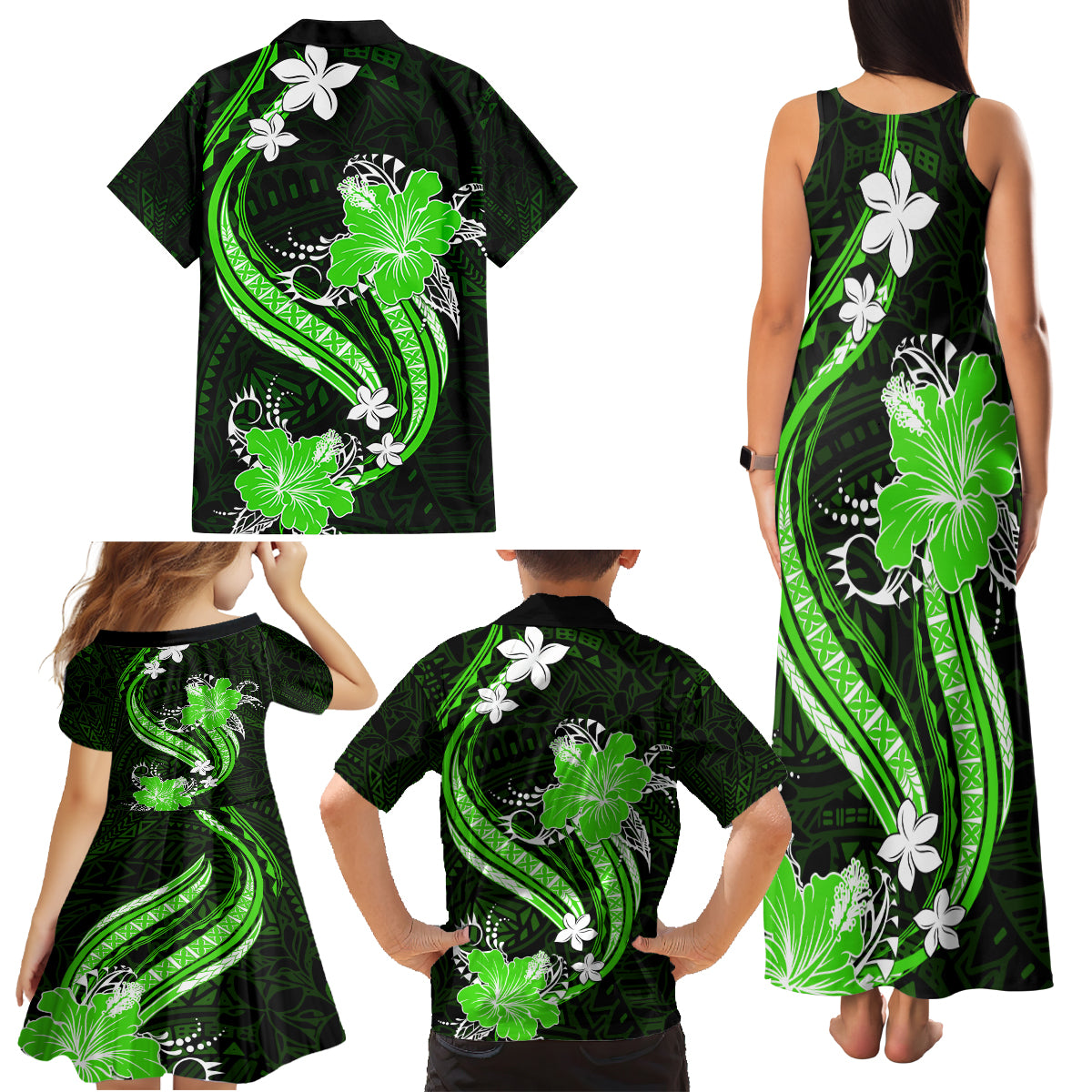 Green Polynesian Pattern With Tropical Flowers Family Matching Tank Maxi Dress and Hawaiian Shirt LT05 - Polynesian Pride