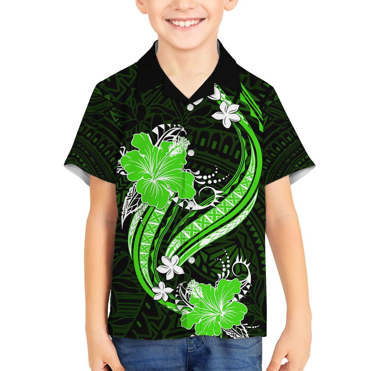 Green Polynesian Pattern With Tropical Flowers Family Matching Tank Maxi Dress and Hawaiian Shirt LT05 Son's Shirt Green - Polynesian Pride