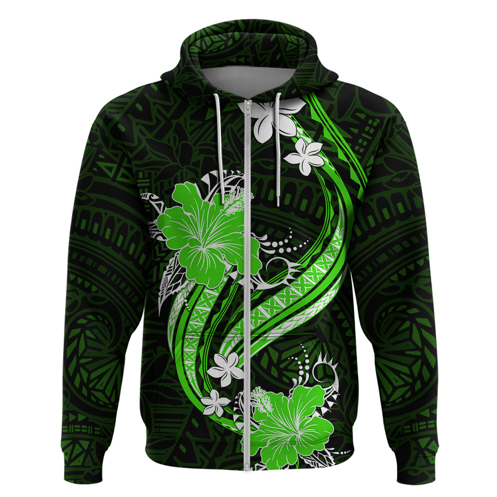 Green Polynesian Pattern With Tropical Flowers Hoodie LT05 Zip Hoodie Green - Polynesian Pride